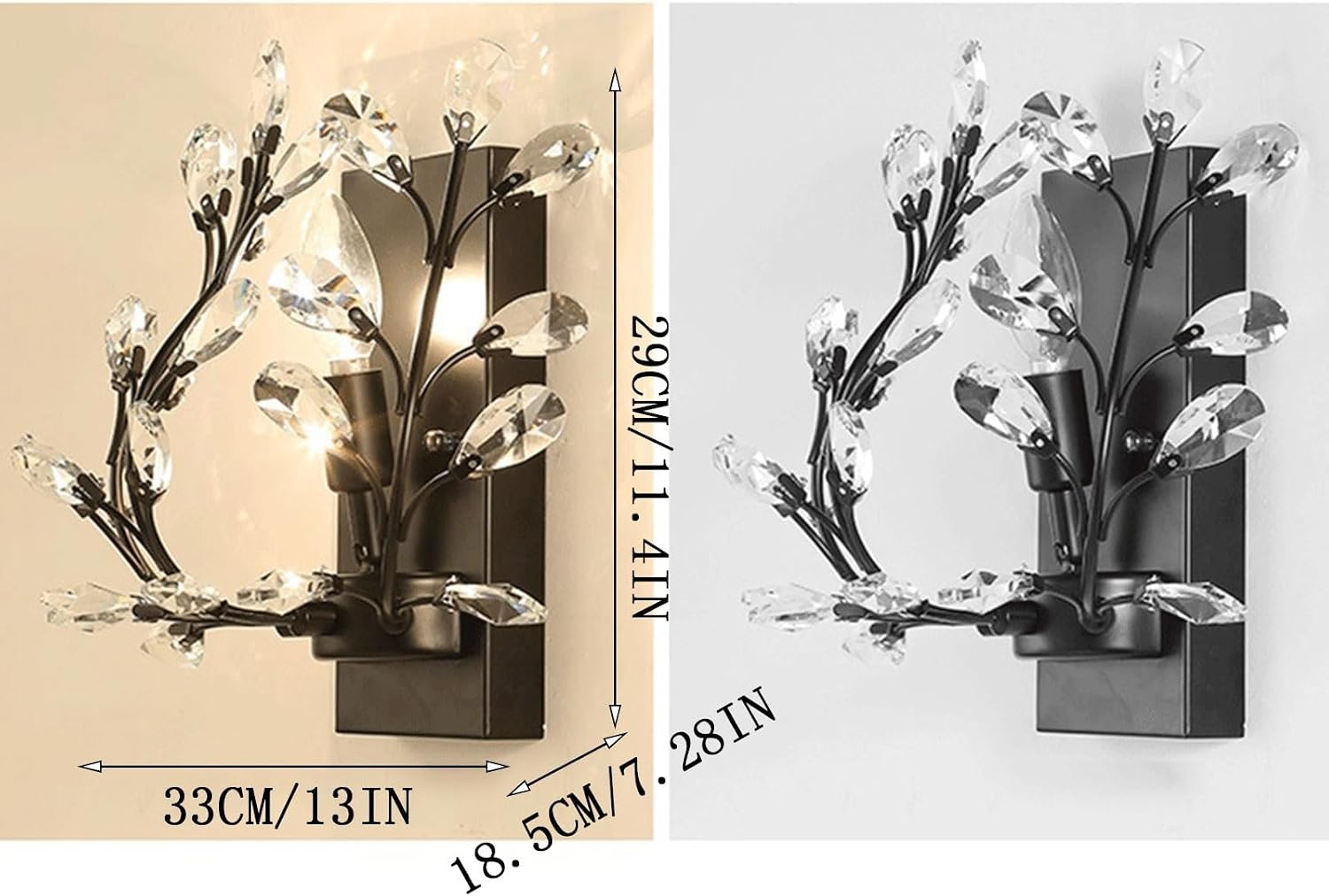 Wall Sconces Creative Retro Crystal Wall Sconces Wrought Iron Crystal Branches Wall Light Wall Mounted Lighting Fixture for Dining Room Bathroom Bedroom Living Room Entryway(Black)