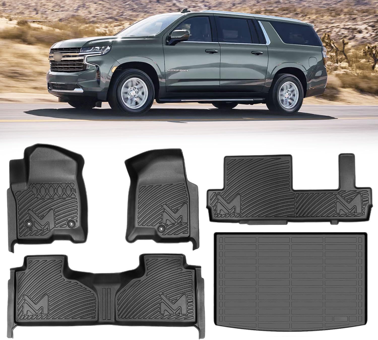 TPE Automotive Floor Mats & Cargo Liner Custom for 2021-2025 Chevy Suburban 8 Seats, All Weather Cover Protection Waterproof Black Liner Front & Rear Row Full Set Car Mats for 21-25 GMC Yukon XL, 5PCS