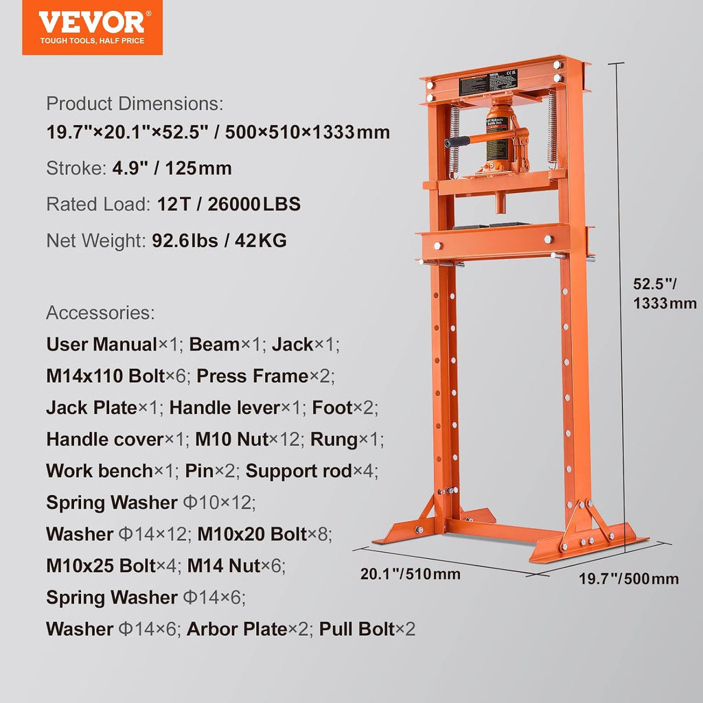 VEVOR Hydraulic Shop Press, 12 Ton/26000lbs, H-Frame, 4-Hold Adjustable Height, with Movable Plates, for Garage or Professional Users, Orange