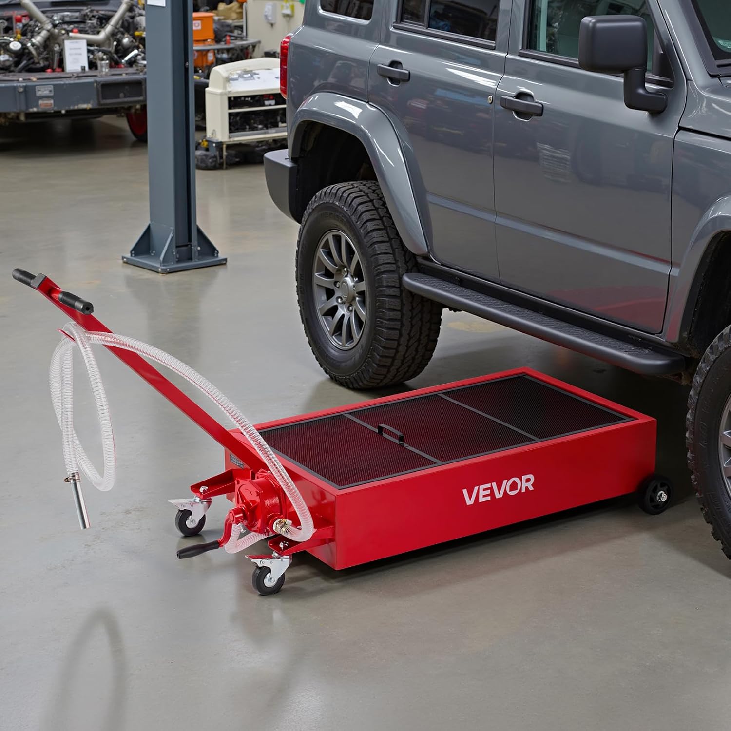 VEVOR Low Profile Oil Drain Pan, 17 Gal Capacity, Rolling Oil Drain Pan with 110V High-Flow Electric Pump, 7.2 ft Hose & T Folding Handle, Leak-Proof & Corrosion-Resistant, Fit for Trucks, ATVs, Red