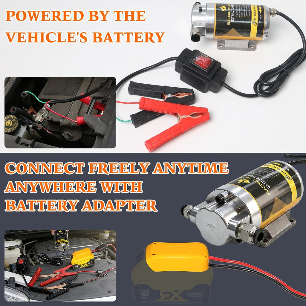 12V/24V 100W Portable Oil Extractor Pump Set, All-in-One Oil Transfer Pump with Yellow Battery Adapter Compatible with DEWALT 20V/18V Battery, Fluid Transfer for Home Business Farm Boat