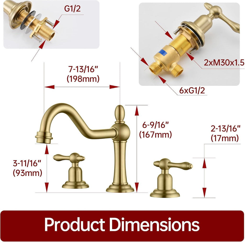 sumerain 3 Holes 8 inch Widespread Bathroom Sink Faucet, Brushed Gold 2 Handle Vanity Faucet with Swivel Spout