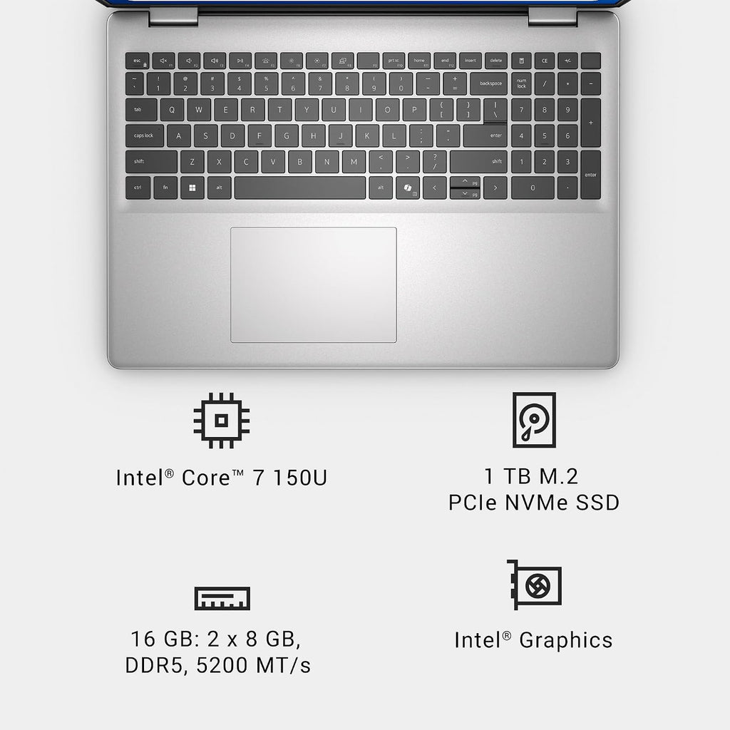 Dell 16 Laptop DC16251-16.0-inch 16:10 FHD+ Display, Intel Core 7 150U, 16GB DDR5 RAM, 1TB SSD, Intel Graphics, Windows 11 Home, Onsite Service - Platinum Silver