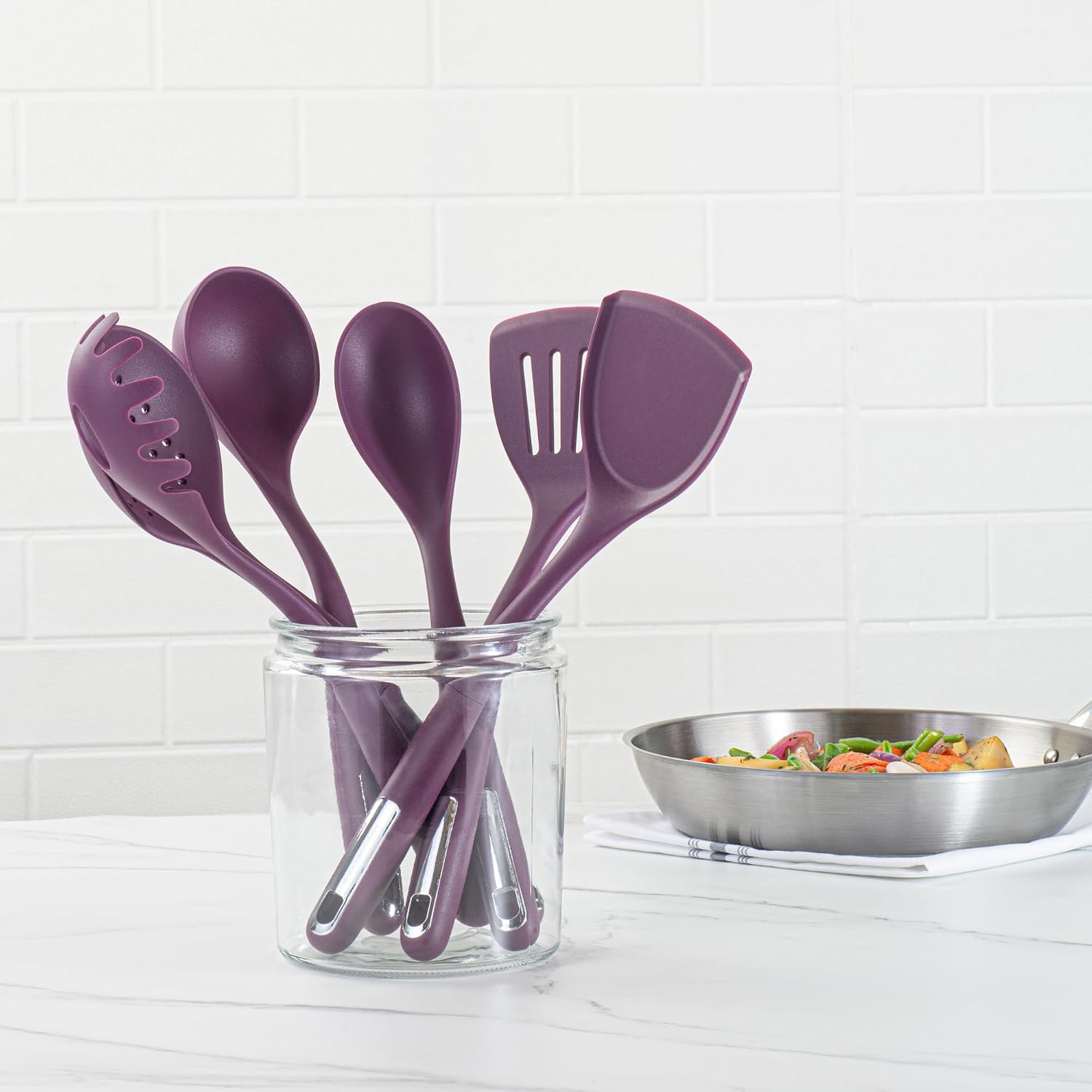 Restaurantware Silicone Utensil Set Pack of 10 Non-Slip Handle 6-Piece Kitchen Tool Set, Heat-Resistant Dishwasher-Friendly Cooking Accessories, Durable Purple Cooking Utensils