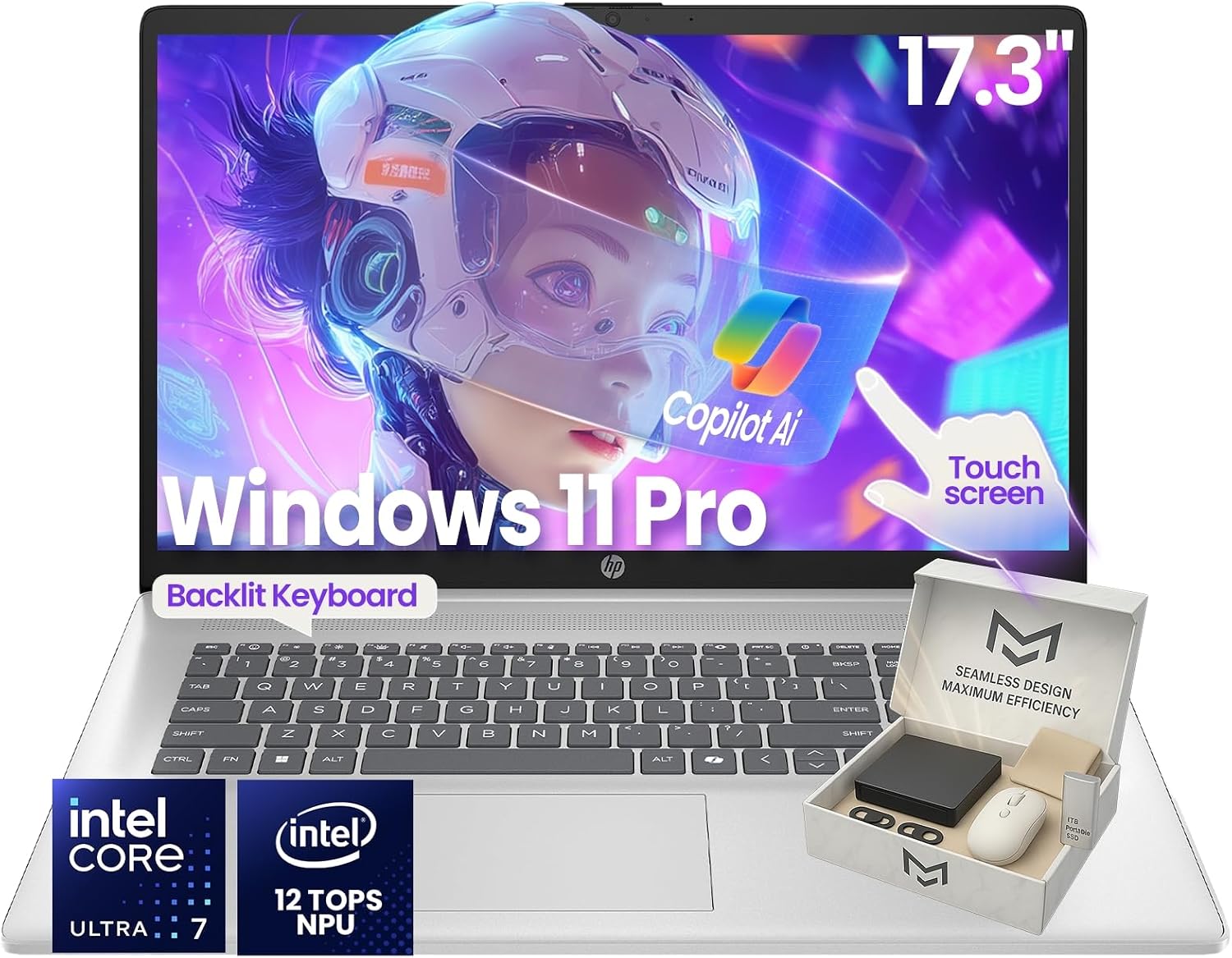 HP 17-inch Touchscreen Business Laptop · Intel 12-Core Ultra 7 255U · 12 NPU Tops · AI Copilot Ready · HD+ Display · Backlit KB · Privacy Camera · Win 11 Pro · w/Accessory (64GB DDR5 | 4TB SSD)