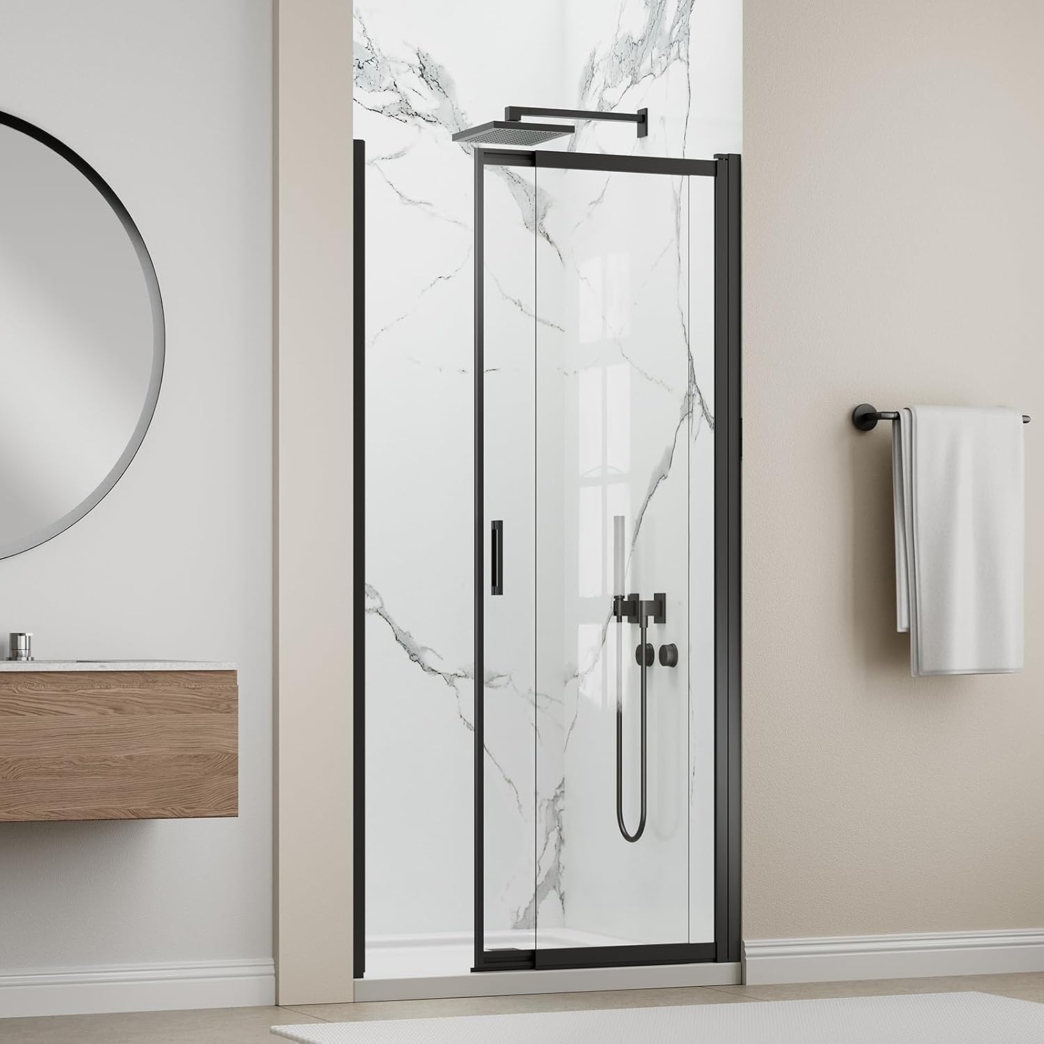 34-37' W x 72' H Pivot Swing Glass Shower Doors, 180° Rotating Retractable Bathroom Shower Door, Frameless Sliding Extended Bypass Shower Door with 3/16'(5mm) Clear SGCC Tempered Glass Matte Black