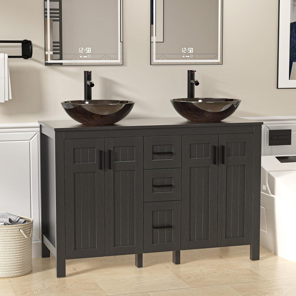 UEV 48' Bathroom Vanity with Sink Combo, Modern Freestanding Sink Cabinet with 3 Drawers, Stylish Bathroom Vanity Cabinet, Grooved Door, Metal Handles,Vessel Sink (Bronze Round Bowl, 48''Black)