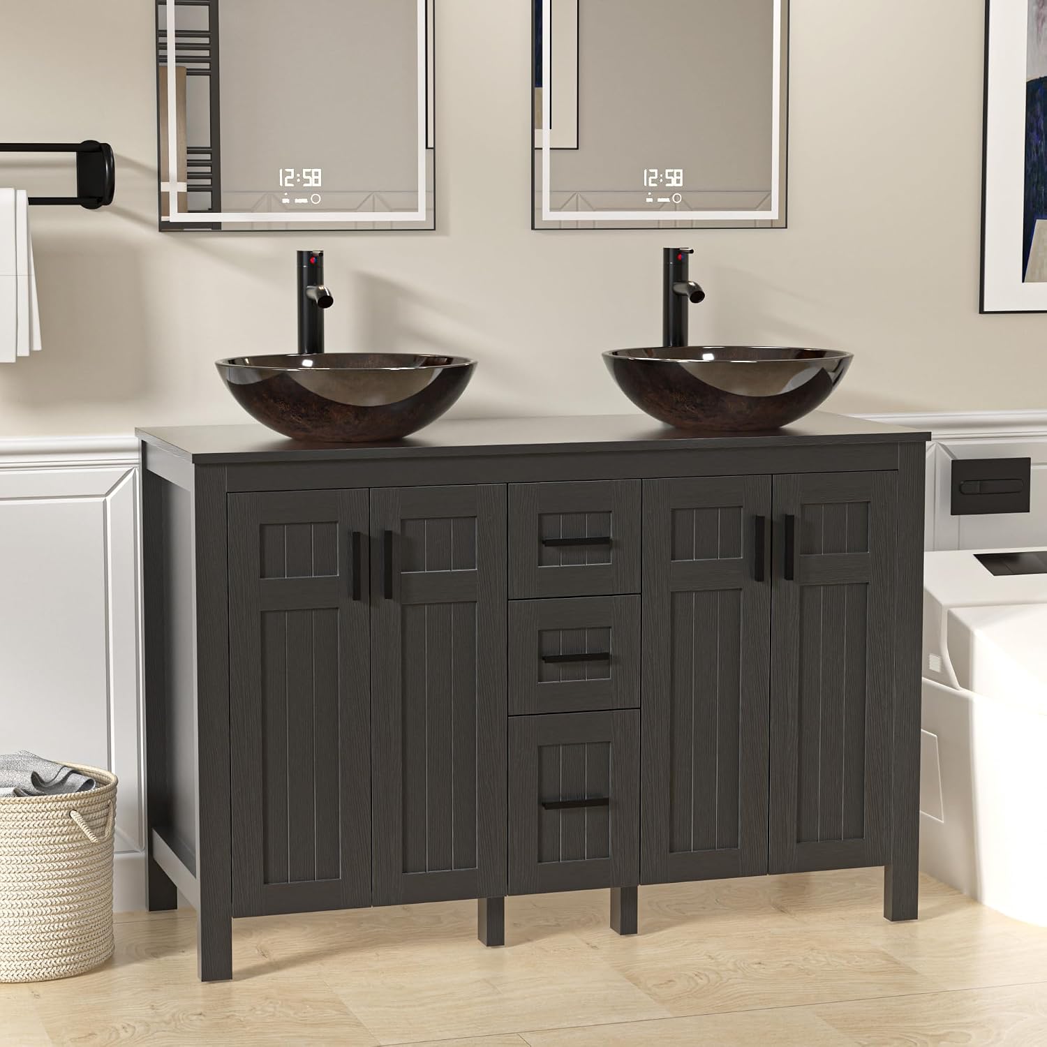UEV 48' Bathroom Vanity with Sink Combo, Modern Freestanding Sink Cabinet with 3 Drawers, Stylish Bathroom Vanity Cabinet, Grooved Door, Metal Handles,Vessel Sink (Bronze Round Bowl, 48''Black)