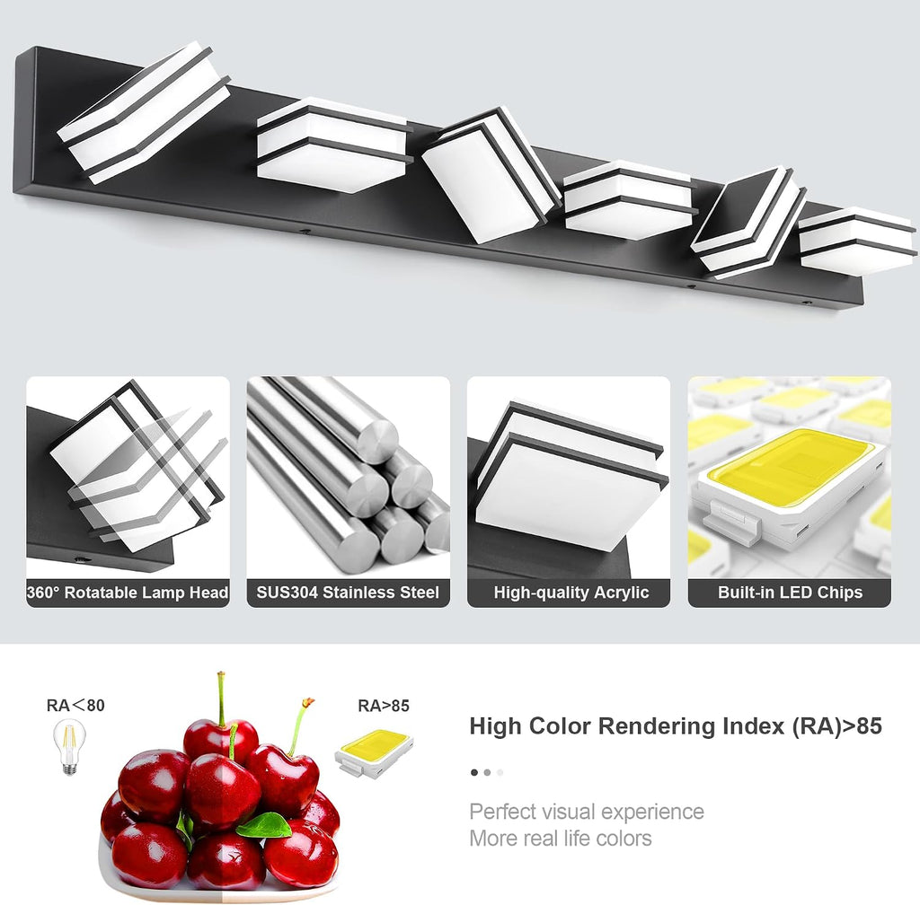 GOODATE 3 Color Temperature Dimmable Vanity Lights for Bathroom, Black 6 Light Vanity Light Fixtures, Acrylic Stainless Steel Square Shade Light Fixtures for Bathroom Above Mirror, ETL Certificated