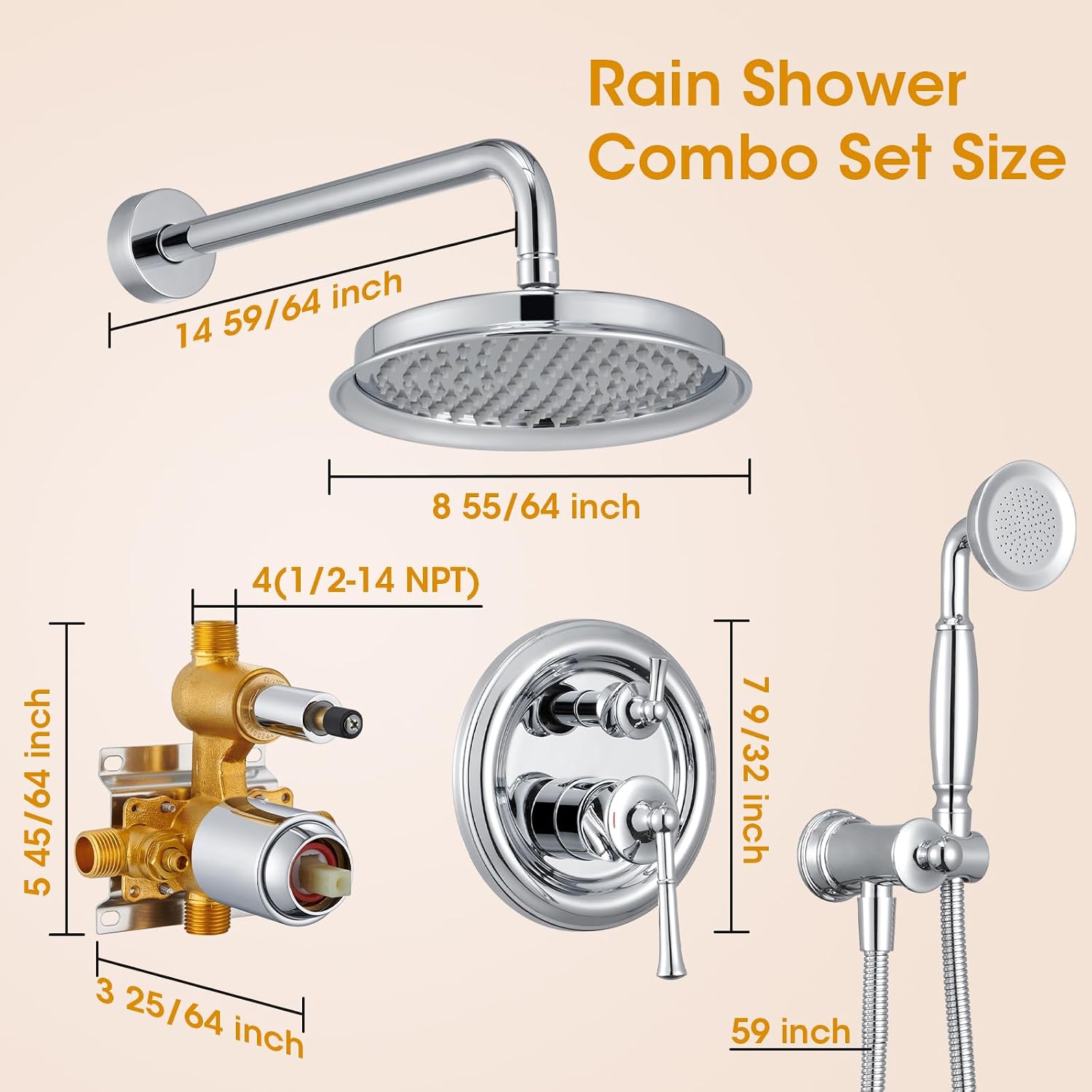 Chrome Rain Shower Heads with Handheld Spray Combo, Rain Shower System with Balance Pressure Valve, 9 inch Bathroom Luxury Rain Fall Shower Head with Antique Handshower Wall Mount, (B2312-CP)
