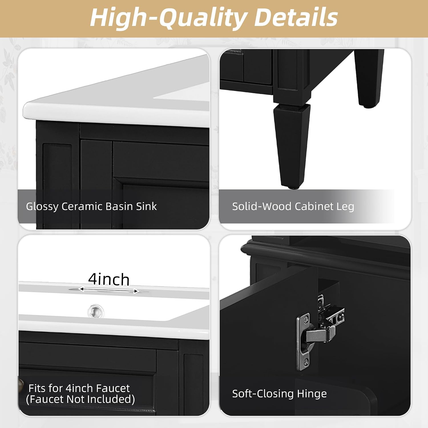 24-inch Bathroom Vanity with Sink Combo, Free-Standing Single Storage Cabinet with Tilt-Out Drawer, 2 Doors, Adjustable Shelf & Storage Rack, Vanity with Ceramic Basin for Bathroom (Black)