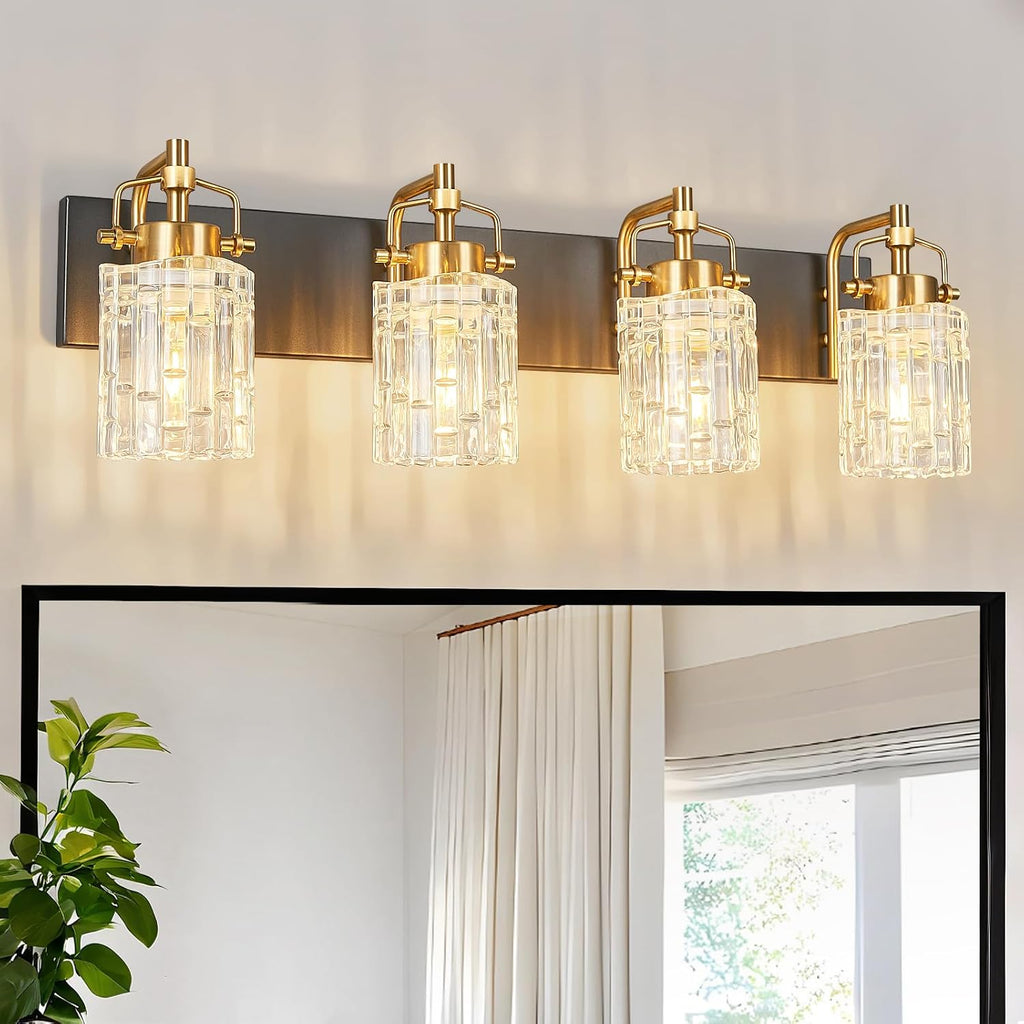 4 Light Crystal Glass Vanity Light, Black Gold Bathroom Lighting Fixtures Over Mirror Modern Bath Wall Sconce Lighting for Bedroom Living Room