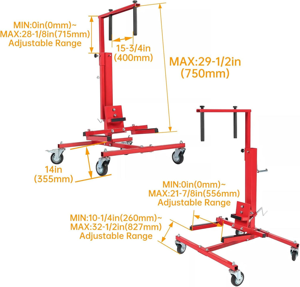 HECASA Adjustable Car Door Installer and Remover Jack Lift Hoist w/Swivel Castors & Straps Hoist Jack Stand Dolly Heavy Duty Auto Body Car Door Floor Jack Stand Steel Red