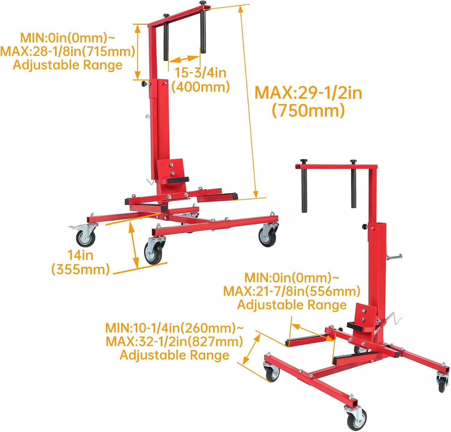 HECASA Adjustable Car Door Installer and Remover Jack Lift Hoist w/Swivel Castors & Straps Hoist Jack Stand Dolly Heavy Duty Auto Body Car Door Floor Jack Stand Steel Red