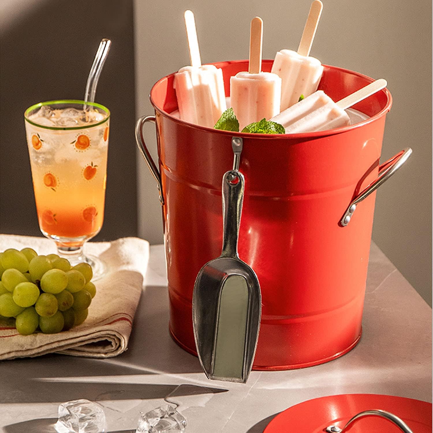 Ice Bucket, Double Wall Ice Buckets, Beverage Cooler Bucket with Scoop & Lid - 4.5 Liter Container - Rustic Vintage Farmhouse Storage Ice Bucket