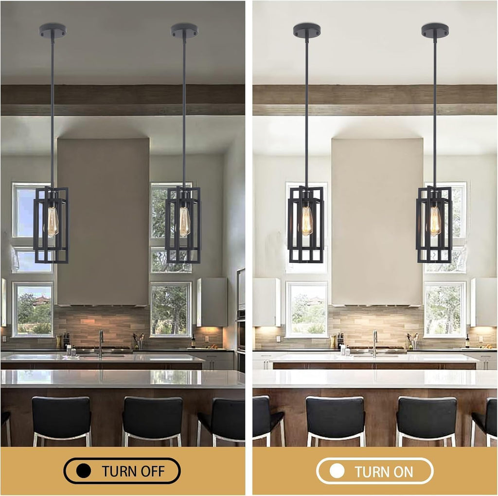 Farmhouse Pendant Light Fixtures 2 Pack 1 Light, Cage Black Finish Modern Pendant Lights with Max 59'' Adjustable, Small Square Pendant Ceiling Hanging Light for Kitchen Island Dining Room Entryway