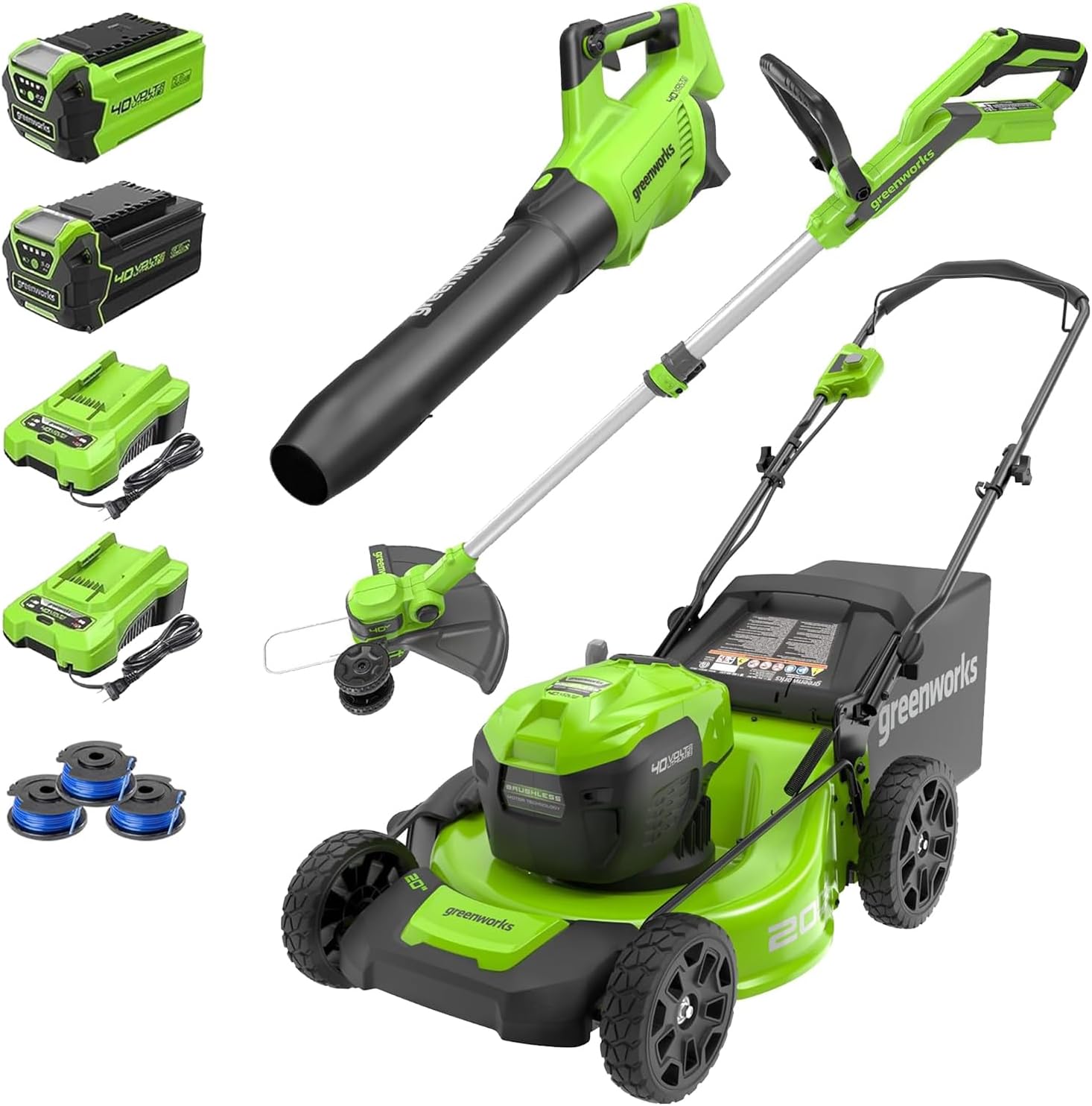 Greenworks 40V 20' Cordless Push Lawn Mower Bundle with Axial Leaf Blower(500 CFM / 120 MPH), 12' String Trimmer, 5Ah + 2Ah Batteries & Chargers