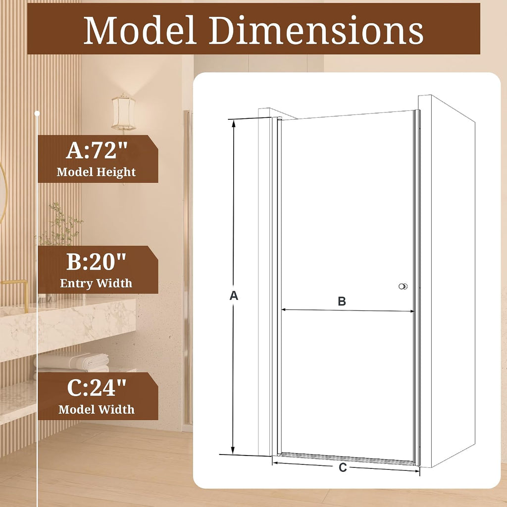 23-24' W x 72' H Semi-Frameless Chrome Shower Door, ANSI/SGCC Certified 6mm Clear Tempered Glass, Pivot Swing Bathroom Door with Reversible Installation, Waterproof for Small Space