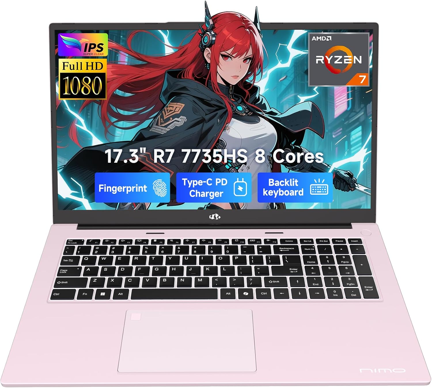 NIMO 17.3' Gaming-Laptop, AMD Ryzen 7 7735HS (8C/16T, Beats i7-12650H) 64GB DDR5 RAM 1TB SSD Computer with Radeon 680M, 100W Type-C Charger, Wi-Fi 6E, 58Wh Battery, Fingerprint, Backlit Keyboard
