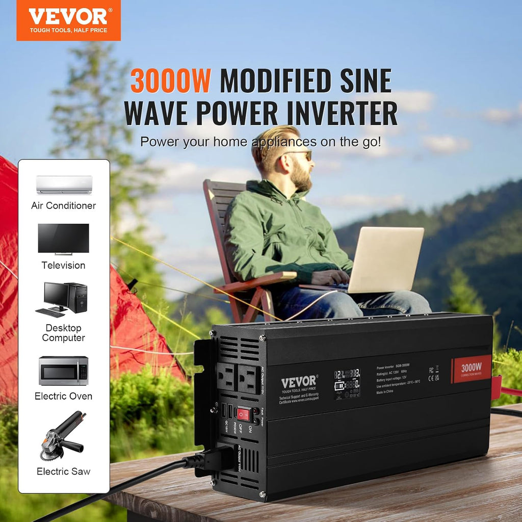 VEVOR Modified Sine Wave Inverter, 3000Watt, DC 12V to AC 120V LCD Display Power Inverter with 3 AC Outlets 2 USB Port 1 Type-C Port 10 Spare Fuses, for Large Household Equipment, CE FCC Certified