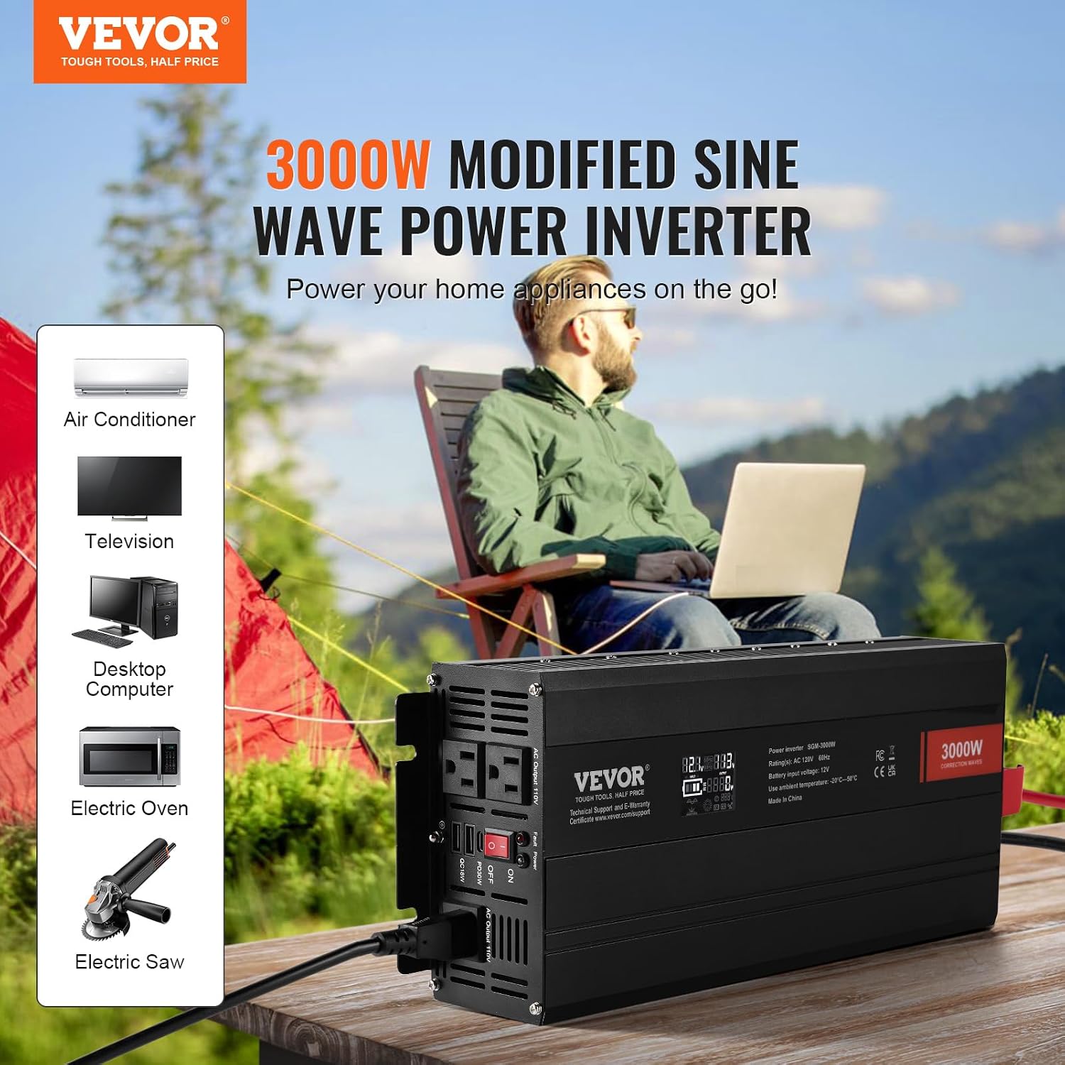 VEVOR Modified Sine Wave Inverter, 3000Watt, DC 12V to AC 120V LCD Display Power Inverter with 3 AC Outlets 2 USB Port 1 Type-C Port 10 Spare Fuses, for Large Household Equipment, CE FCC Certified
