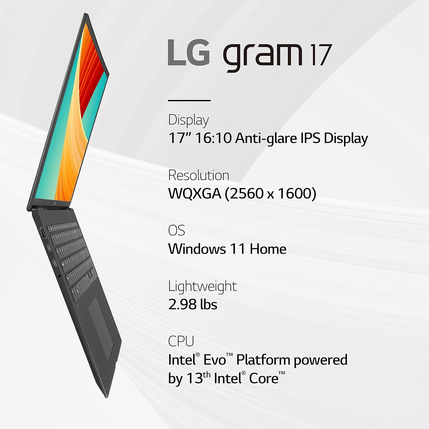 LG gram 17' Lightweight Laptop, Intel 13th Gen Core i7 Evo Platform, Windows 11 Home, 16GB RAM, 1TB SSD, Black