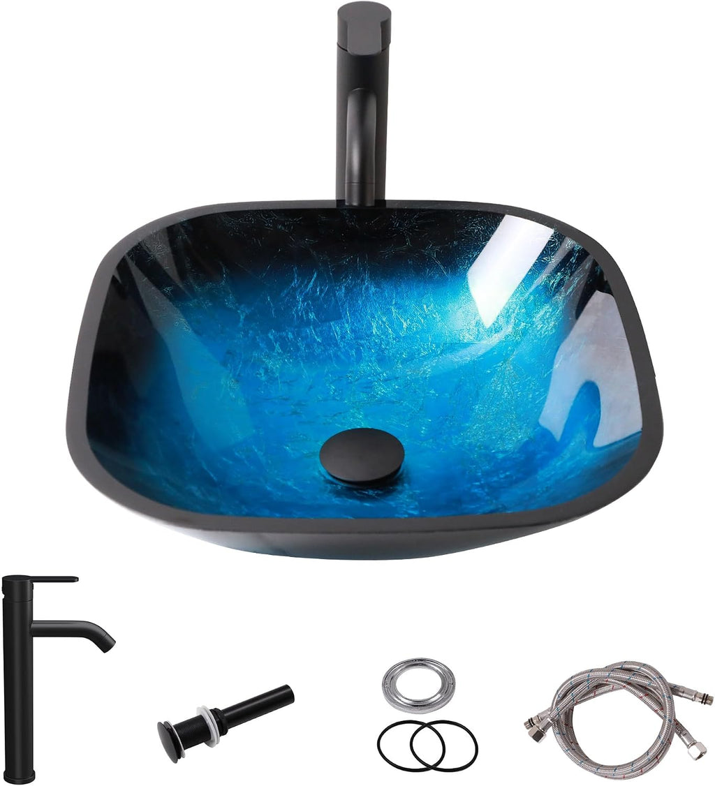 Sarlai Bathroom Vessel Sink Tempered Glass Bowl Square Vessel Sink with Faucet and Pop-up Drain Combo 16-3/4 x 16-3/4 Inch Matte Black Countertop Bathroom Sink Basin