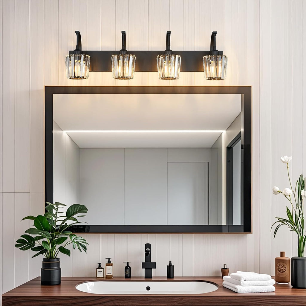 Modern Bathroom Vanity Light, 4-Light Black Wall Sconce with Crystal Accents, Over Mirror Bathroom Lighting Fixture, 32.67' Long Dimmable Vanity Lamp for Makeup, Easy Installation