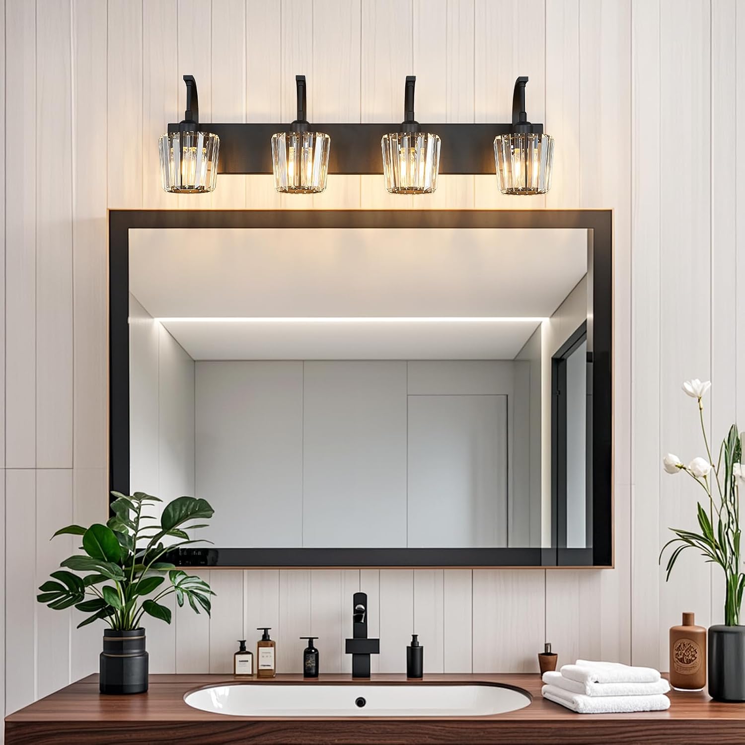 Modern Bathroom Vanity Light, 4-Light Black Wall Sconce with Crystal Accents, Over Mirror Bathroom Lighting Fixture, 32.67' Long Dimmable Vanity Lamp for Makeup, Easy Installation
