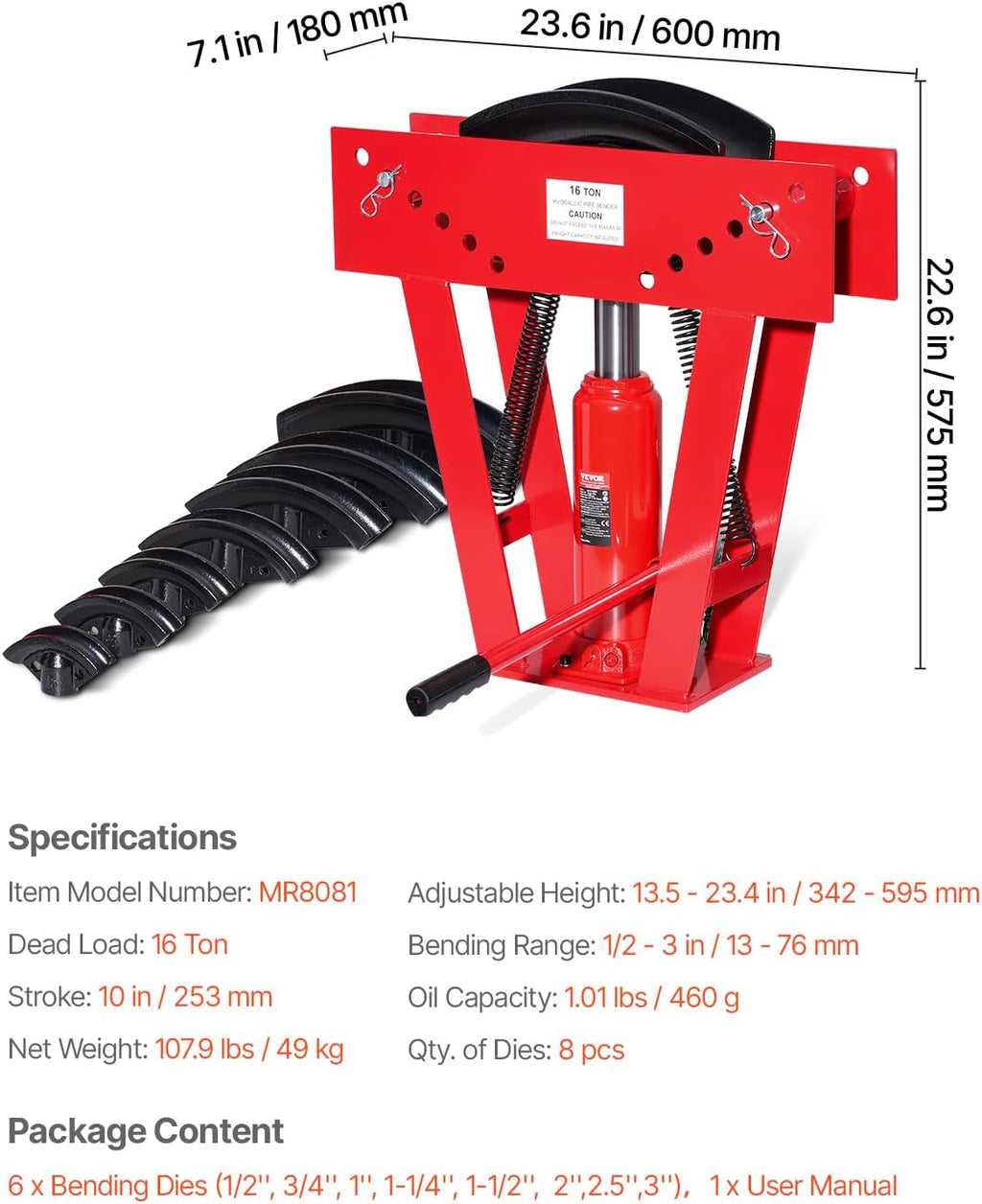 VEVOR Hydraulic Pipe Bender, 16 Ton Manual Copper Exhaust Pipe Bending Machine with 8 Dies (1/2' - 3') and 90-180° Adjustable Rollers, Heavy-Duty Pipe Tube Bender for Piping Railing Construction