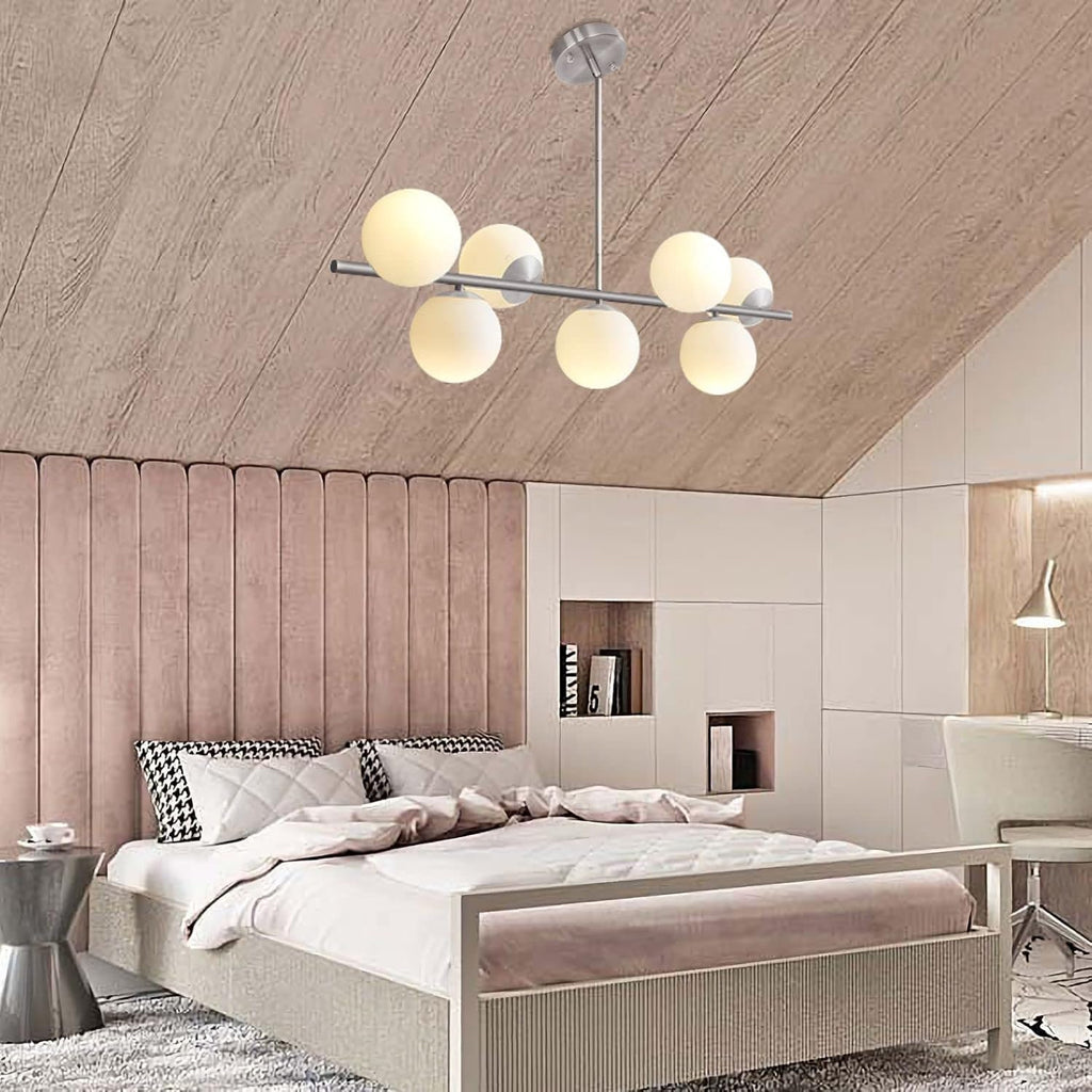 KCO Lighting 7-Light Linear Sputnik Chandelier Brushed Nickel Pendant Light | 31.5' Rod for Sloped Ceiling, 12W 3000K E26 Bulb Included, MCM White Milk Glass Light Fixture for Kitchen Island Dining Room