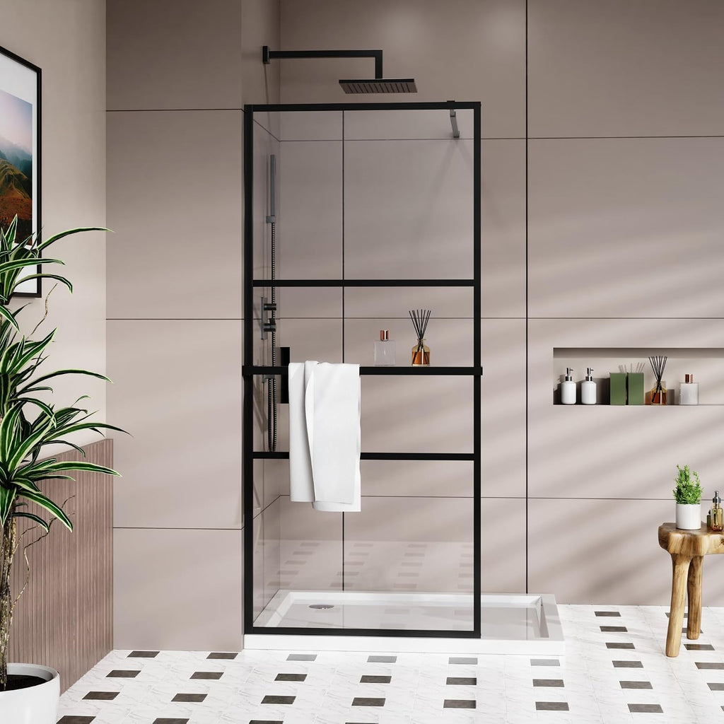 Goodyo 34' x 72' Shower Door Tempered Glass Shower Screen with Tool Bar Towel Rack for Walk in Bathroom 3-Grid Style