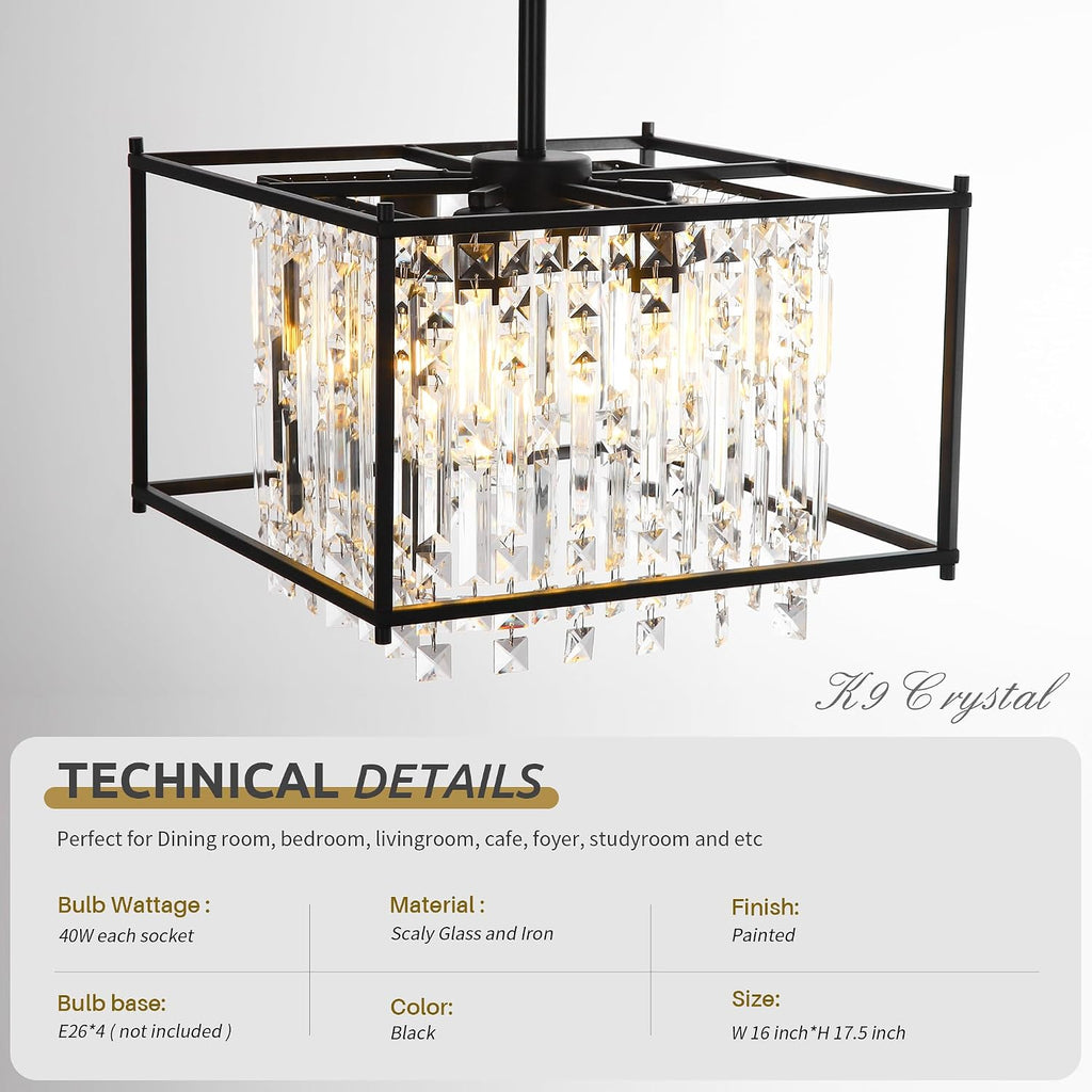 Miuyhji Black Chandeliers for Dining Room, Black Square Industrial Chandelier Crystal Pendant Light for Kitchen Island Dining Room Living Room Flat and Inclined Ceiling,L16 x W16 x H17.5