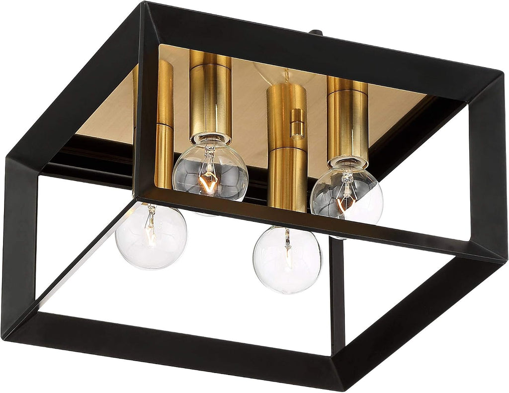 Possini Euro Design Gretna Modern Industrial Ceiling Light Flush-Mount Fixture 10' Wide Black Warm Gold 4-Light Square Frame for Bedroom Kitchen Living Room Hallway Dining Bathroom Schoolhouse