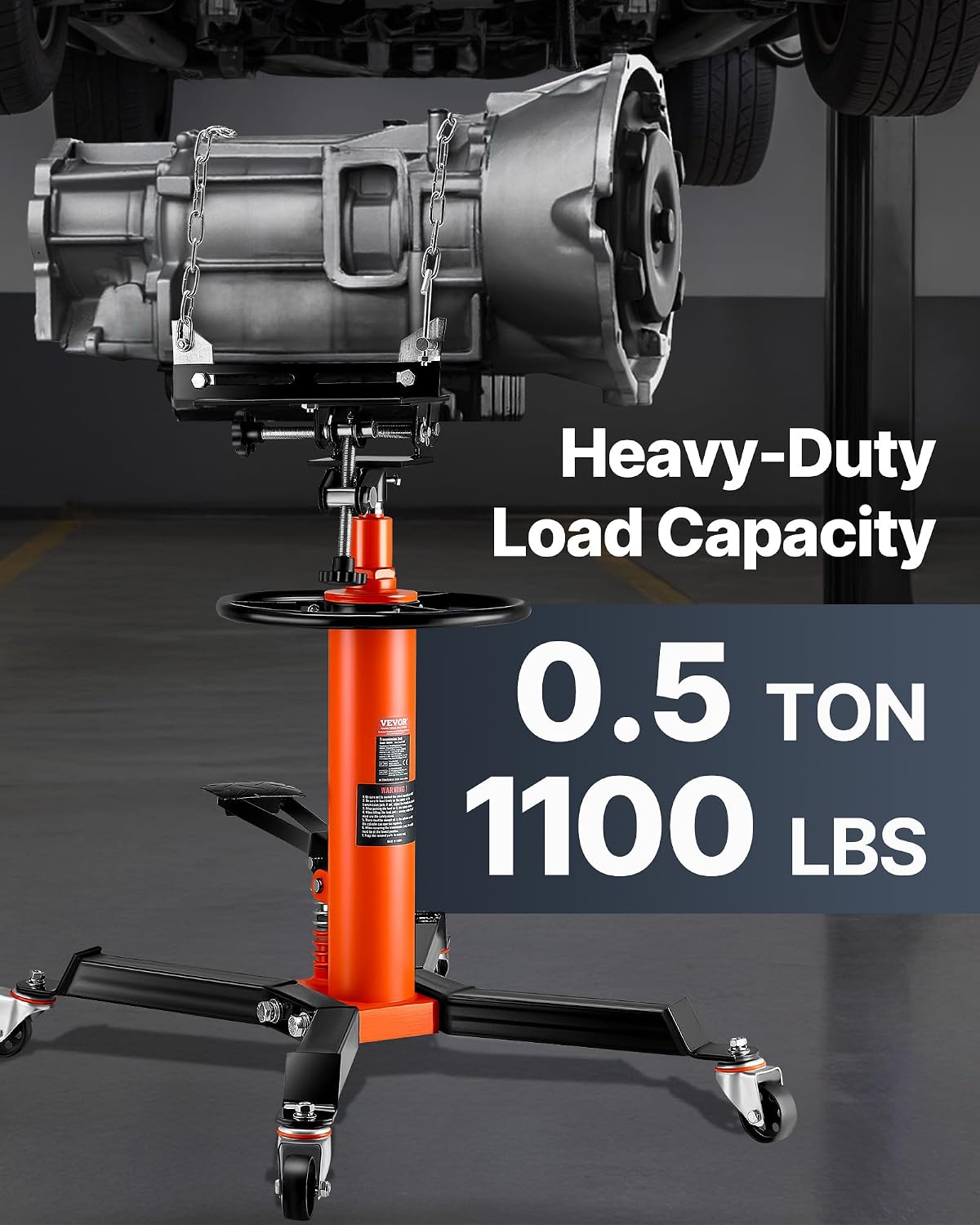 VEVOR Transmission Jack,1/2Ton/1100lbs Capacity Hydraulic Telescopic Transmission Jack, 2-Stage with Foot Pedal, 360° Swivel Wheel, Garage/Shop Lift Hoist, Orange