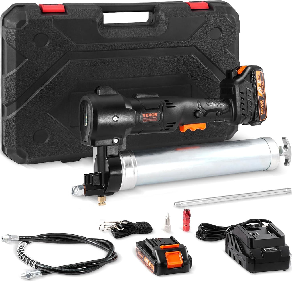 VEVOR Cordless Grease Gun, 20-Volt, 10,000 PSI, 39' Long Hose, Electric Grease Gun Kit Professional High Pressure Battery Powered Grease Gun with Carrying Case, Two Batteries & Charger Included, Black