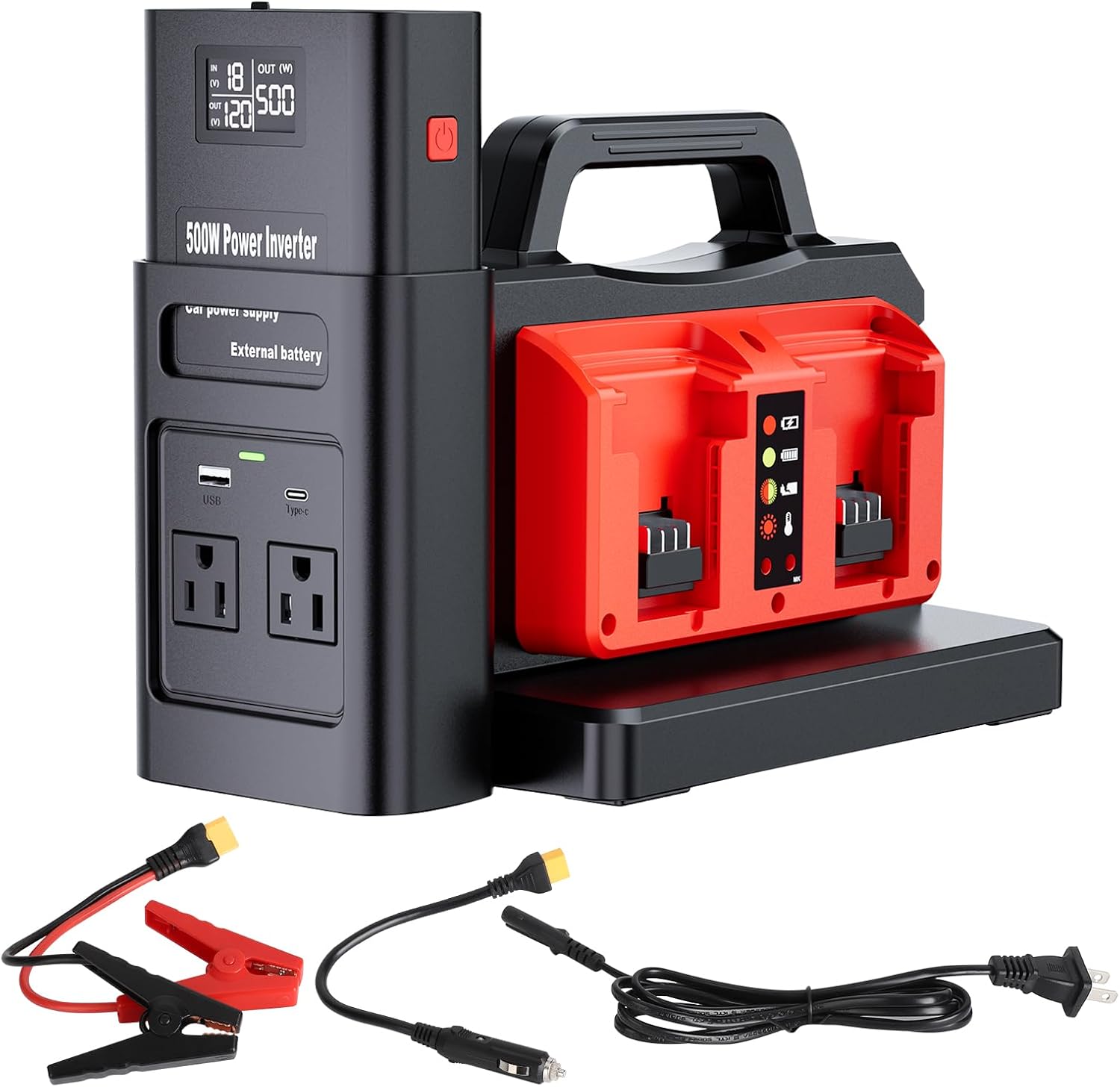 Pure Sine Wave Inverter Compatible with Milw-auke 18V Battery, 2 in 1 500W 4 Ports Power Inverter Battery Charger Generator DC 20V to AC* 2 Outlets, 120V Car Charger Plug, USB&Type-C (Tool Only)