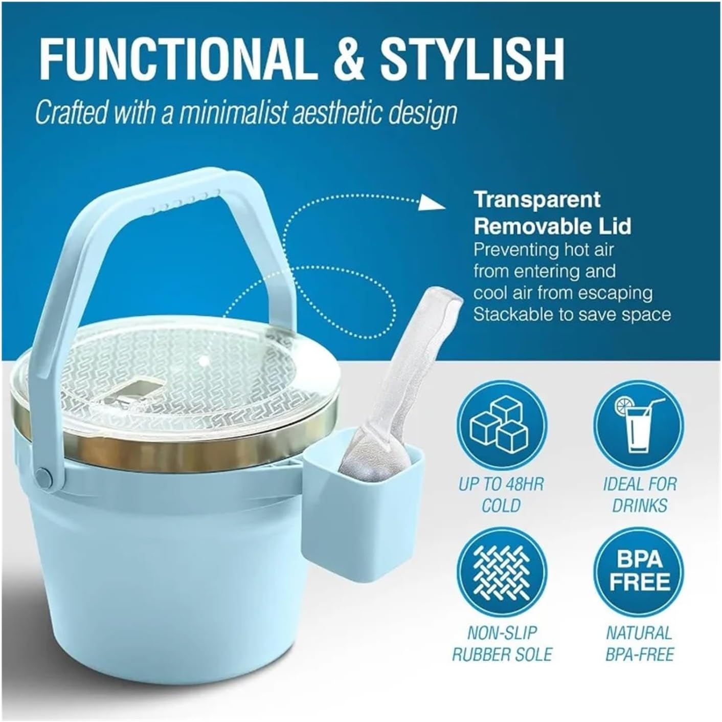 Stainless Steel Large Ice Bucket for Parties, Double-Wall Vacuum Insulated Ice Bucket & Lid, Ice Scoop & Holder.(Red)