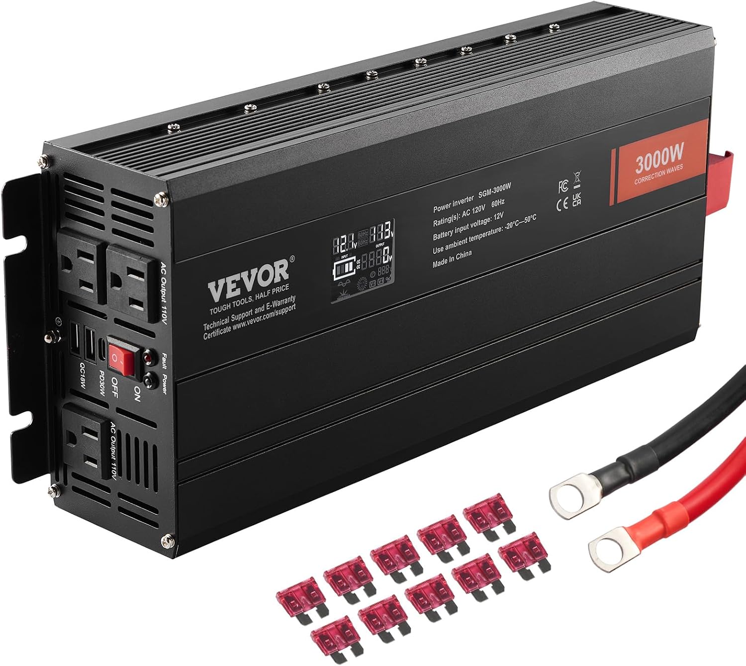 VEVOR Modified Sine Wave Inverter, 3000Watt, DC 12V to AC 120V LCD Display Power Inverter with 3 AC Outlets 2 USB Port 1 Type-C Port 10 Spare Fuses, for Large Household Equipment, CE FCC Certified