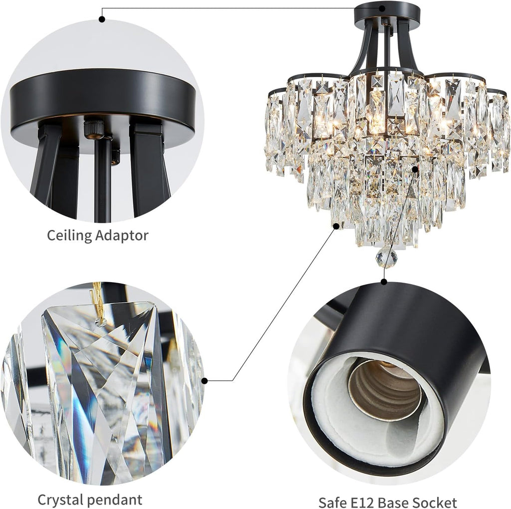 WUZUPS Crystal Chandelier Semi-Flushmount Ceiling Light Modern Lighting Fixture for Bedroom Hallway Entry Kitchen Bathroom, H 19.3' x W 18.3', E12 Base, Black