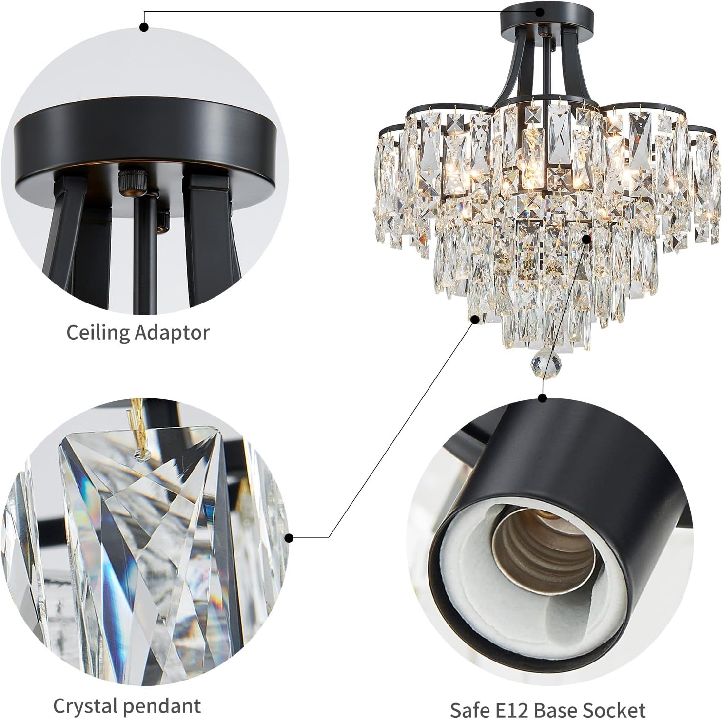 WUZUPS Crystal Chandelier Semi-Flushmount Ceiling Light Modern Lighting Fixture for Bedroom Hallway Entry Kitchen Bathroom, H 19.3' x W 18.3', E12 Base, Black