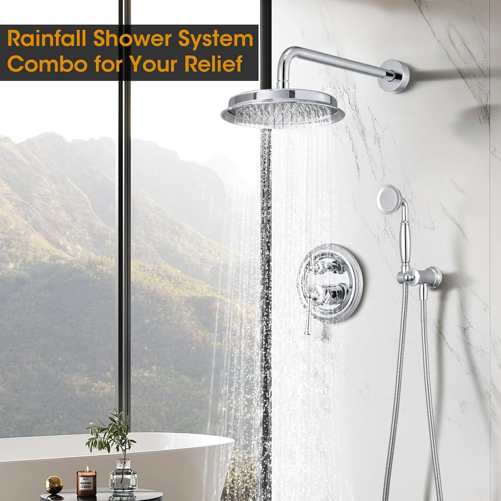 Chrome Rain Shower Heads with Handheld Spray Combo, Rain Shower System with Balance Pressure Valve, 9 inch Bathroom Luxury Rain Fall Shower Head with Antique Handshower Wall Mount, (B2312-CP)