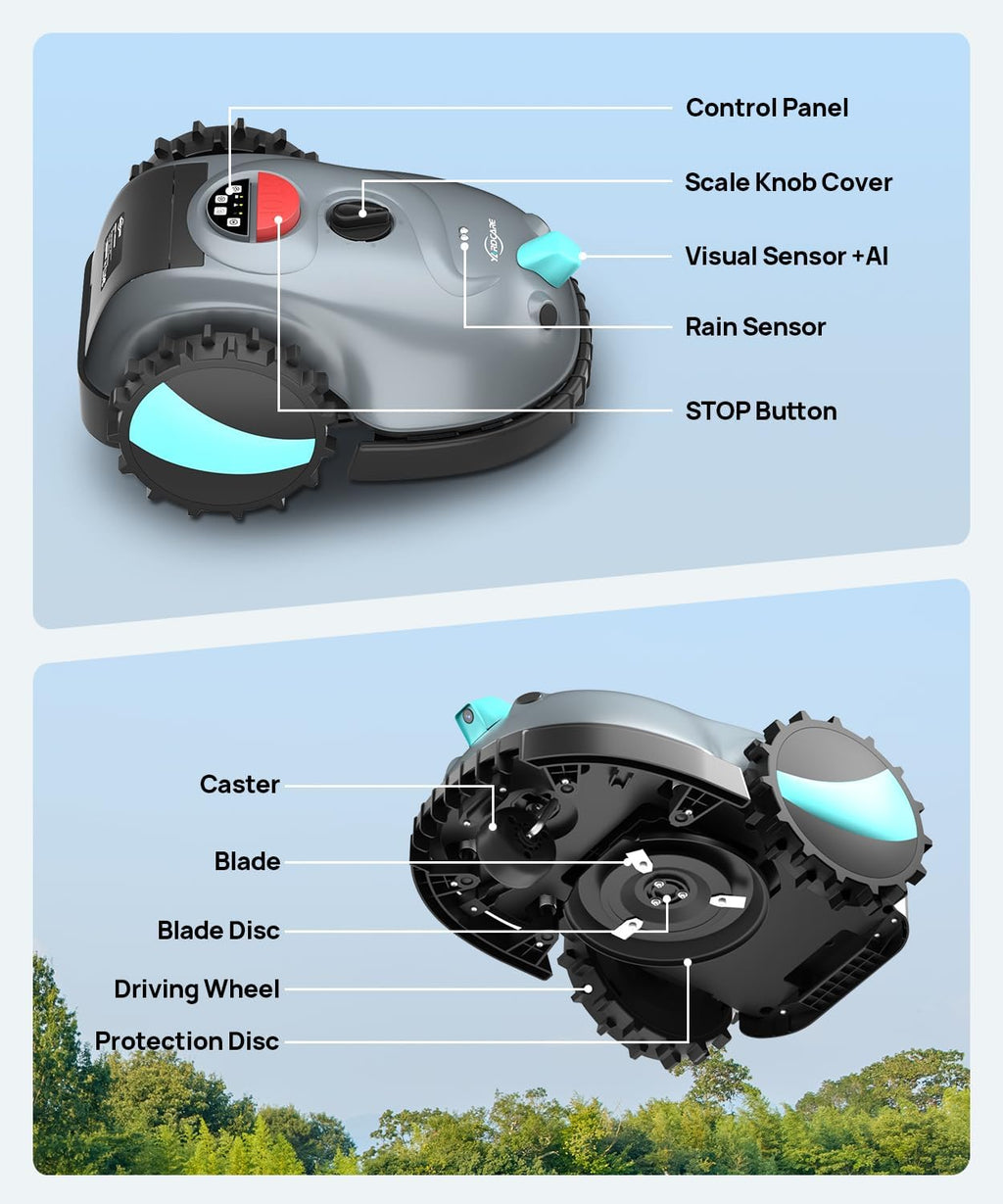 YARDCARE V100 Robotic Lawn Mower with Vision Navigation, Spot Spiral Mowing, Obstacle Avoidance, Adjustable Cutting Height, Low Noise, Ideal for Small Lawns