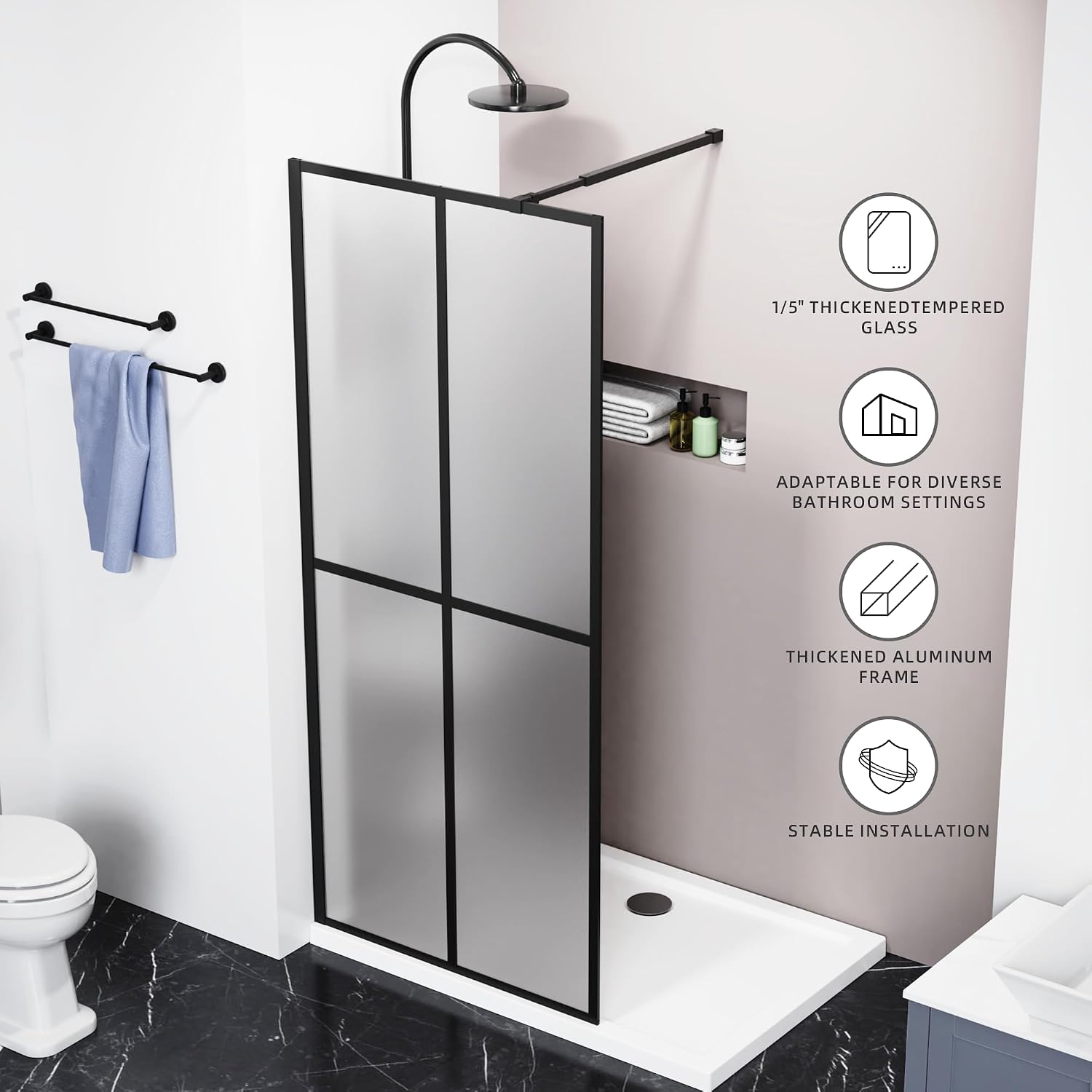 Goodyo Glass Shower Door 34' x 72' Frosted Tempered Glass Panel Fixed Shower Screen for Walk-in Bathroom Matte Black Frame