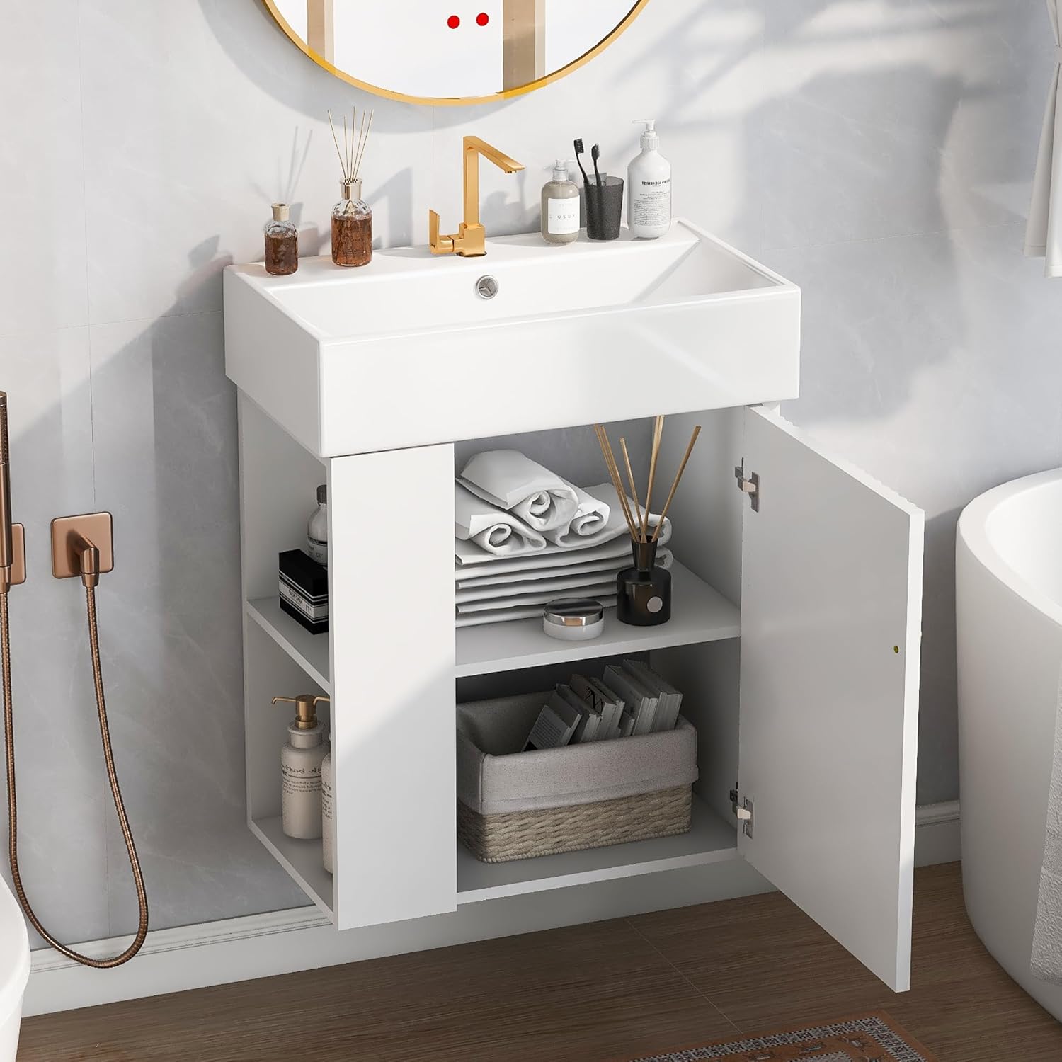 21.6-inch Bathroom Vanity with Sink, Wall-Mounted Vanity Cabinet with Storage Cabinet & Left Two-Tier Shelf, Solid Wood Bath Vanity Organizer with Ceramic Sink for Bathroom, White