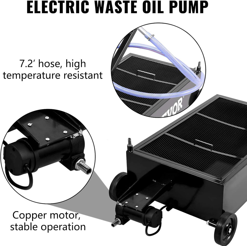 VEVOR Low Profile Oil Drain Pan, 25 Gal Oil Drain Pan with 110V High-Flow Electric Pump, Large Capacity Oil Change Pan with 7.2ft Hose & Folding Handle, Rolling Oil Drain Cart for Trucks, Buses, RVs