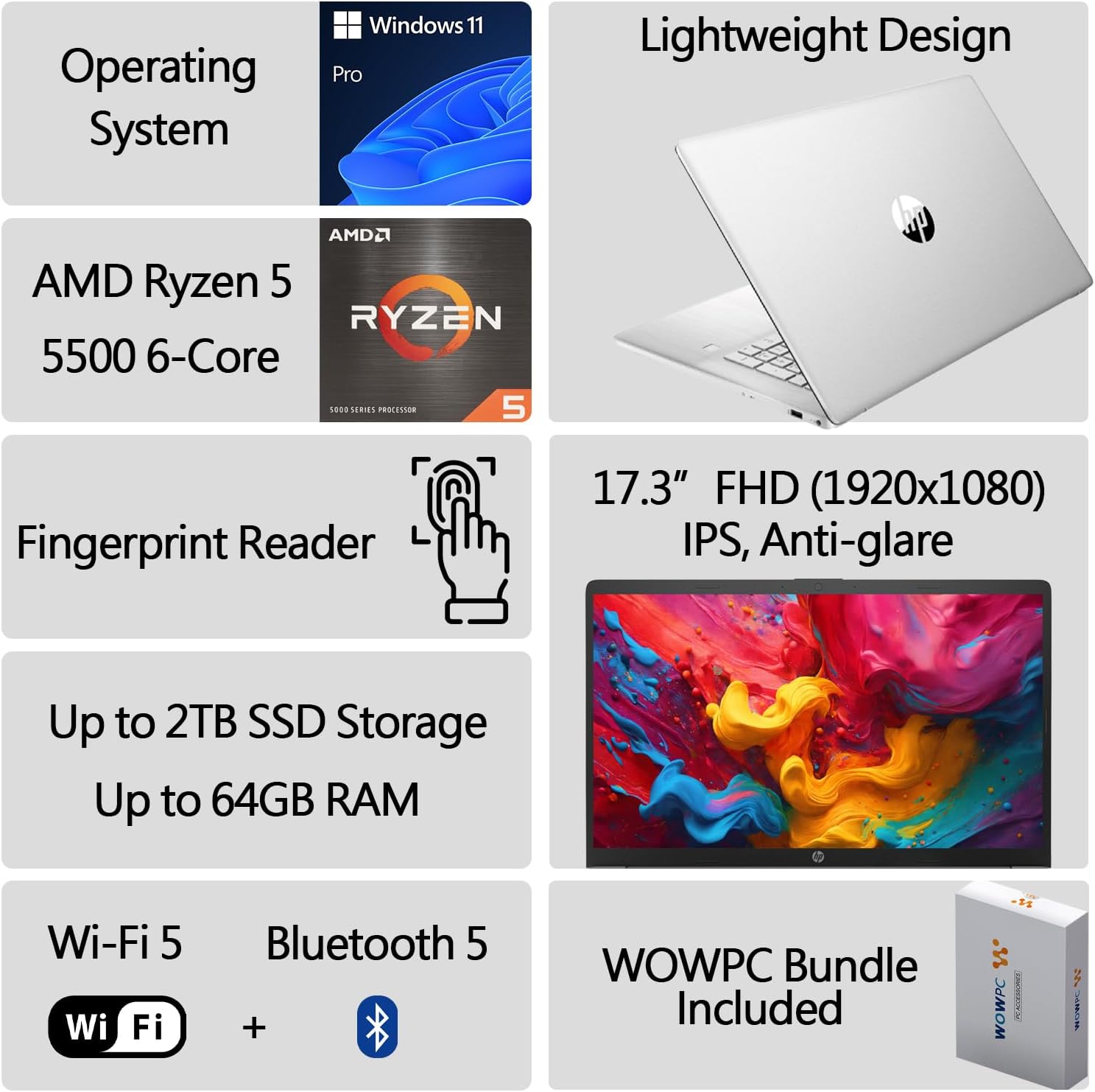 HP 2024 New 17 inch Laptop, AMD Ryzen 5 5500U 6-Cores Processor(Beat i7-1250U), 17' FHD (1080p) IPS Display, 16GB RAM, 1TB SSD, Fingerprint Reader, Windows 11 Pro, w/WOWPC Recovery USB