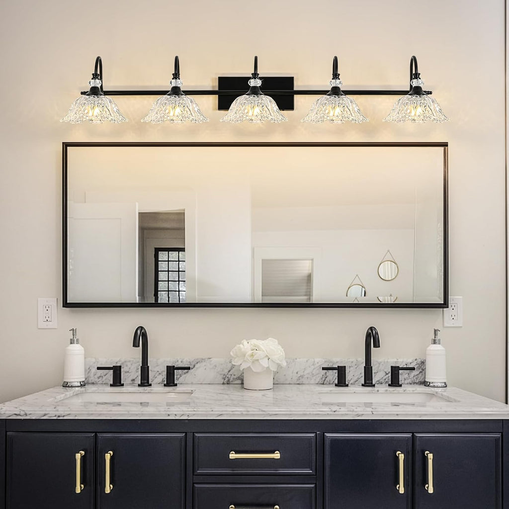 Black Bathroom Vanity Light, 5-Light Vanity Light with Crystal Glass Shades, Vintage Farmhouse Vanity Lighting for Bathroom and Dressing Table