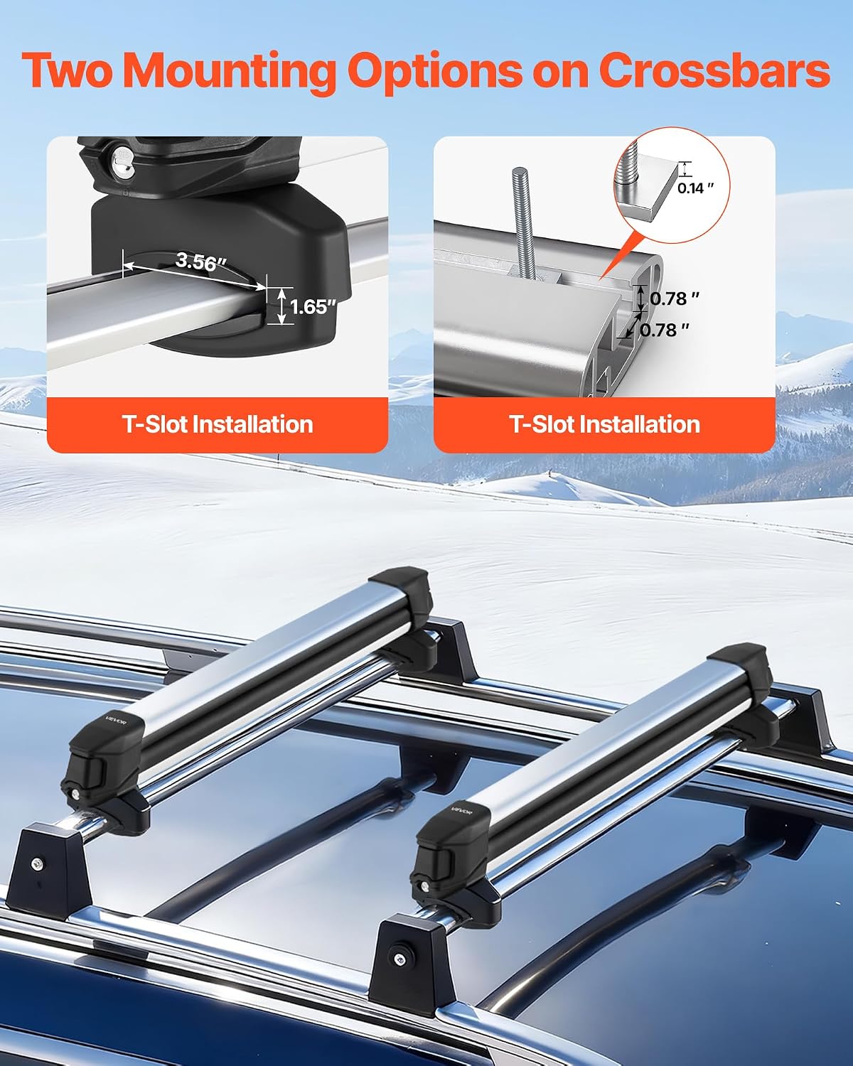 VEVOR Ski & Snowboard Roof Rack, Carry up to 6 Pairs of Skis or 4 Snowboards, 2 PCS Aluminum Universal Car Roof Rack Top Holder with Lock and Rubber Padding for Fishing Pole Rod, Fit Most Crossbars