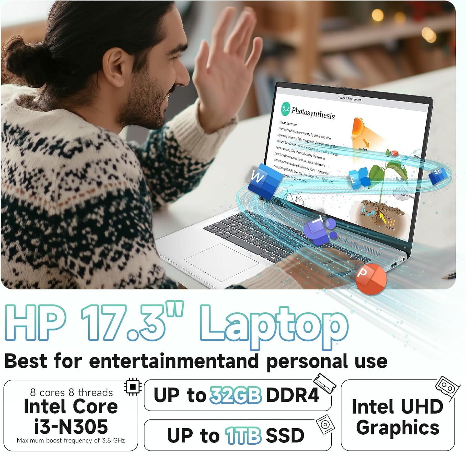 HP 2026 17.3' Laptop, Intel 8-Core i3-N305, 16GB RAM, 512GB SSD, FHD Display, Windows 11 Pro, Numeric Keyboard, WiFi 6 & BT, Webcam, Up to 9.5H Battery Life, for Students & Business, w/Accessories